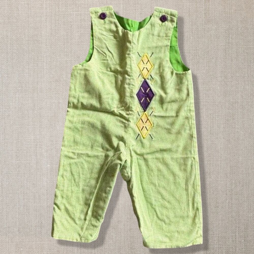 Le Za Me Baby 6M Reversible Mardi Gras Fleur de Lis Green Gingham Romper